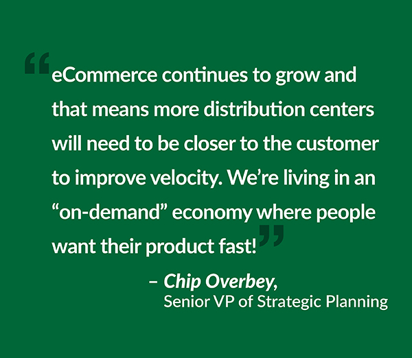 “eCommerce continues to grow and that means more distribution centers will need to be closer to the customer to improve velocity. We’re living in an “on-demand” economy where people want their product fast!” – Senior VP of Strategic Planning, Chip Overbey